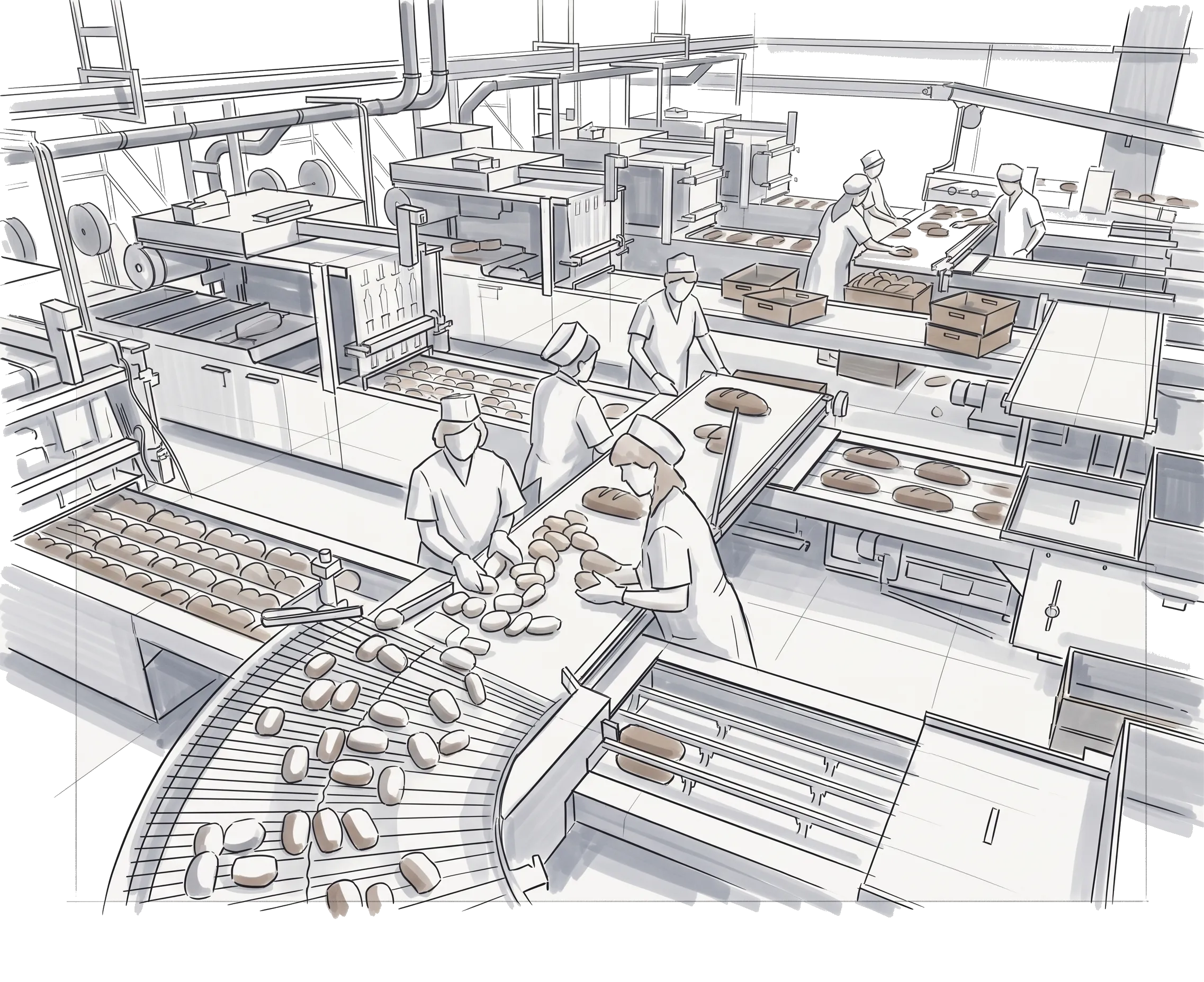 Illustration of a bread factory production line